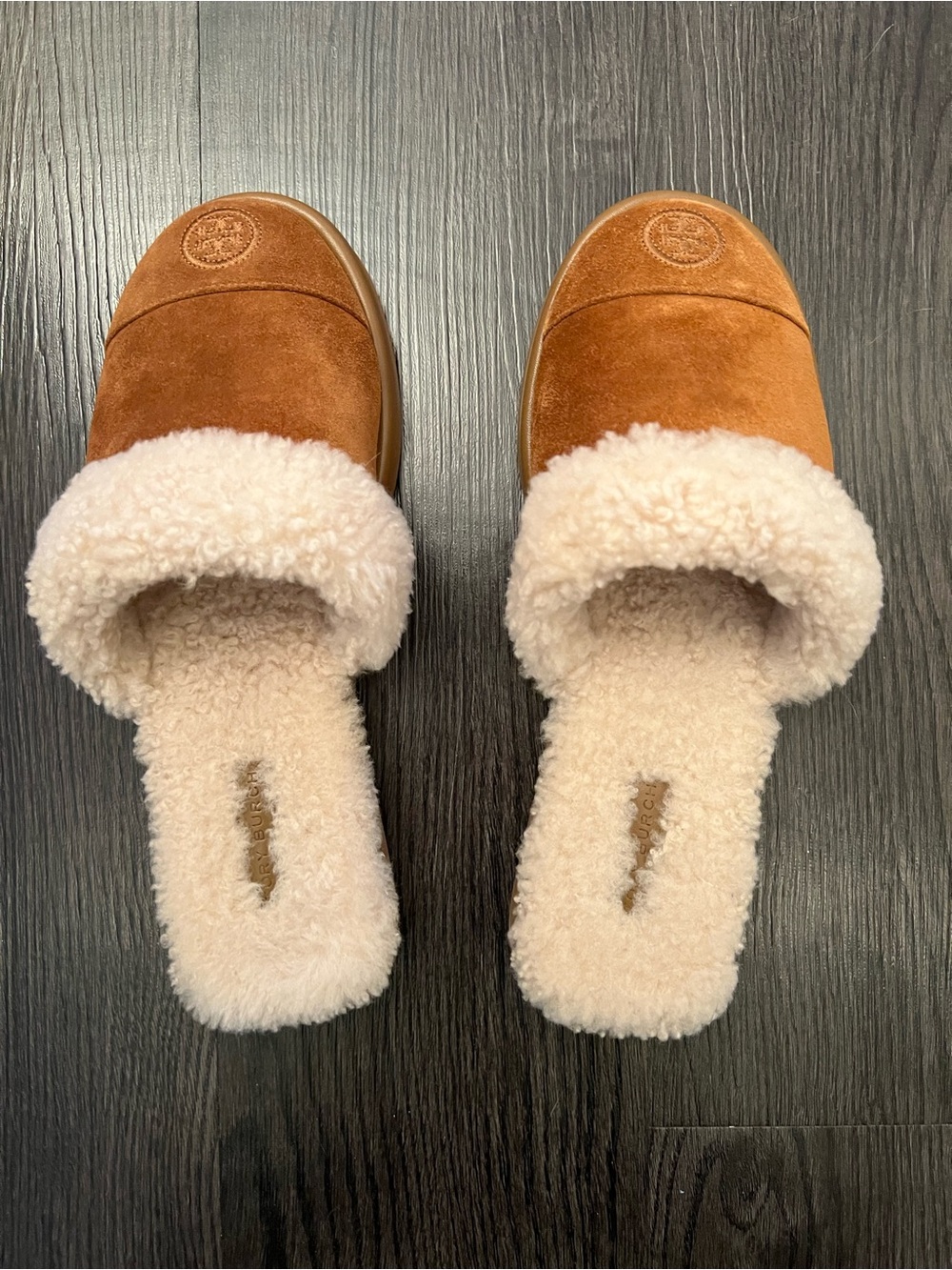 Tory Burch Toasted Caramel/Buttermilk Suede Cozy Shearling Slide Slippers